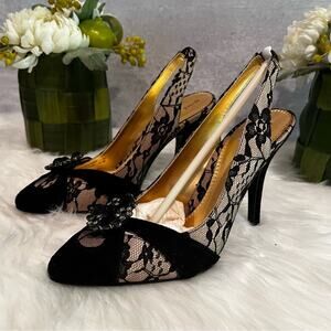 NEW Nine West Suede Leather Lace Slingback Formal Evening He… Black Tan